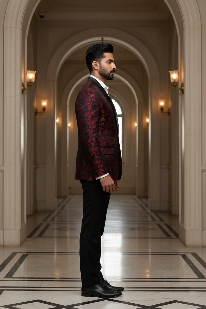 Men's Premium Maroon and Black Jacquard Floral Tuxedo Blazer , Slim Fit Evening Party Wear