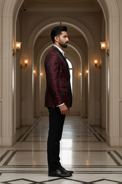 Men's Premium Maroon and Black Jacquard Floral Tuxedo Blazer , Slim Fit Evening Party Wear