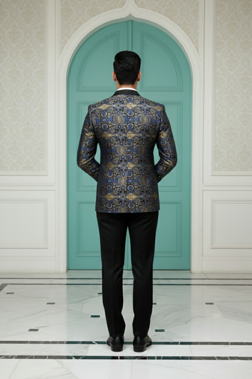 Midnight Blue & Gold Royal Paisley Jacquard Tuxedo Blazer