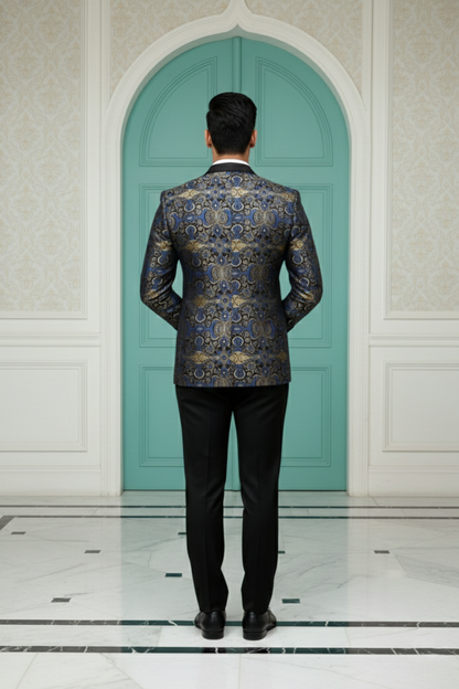 Midnight Blue & Gold Royal Paisley Jacquard Tuxedo Blazer