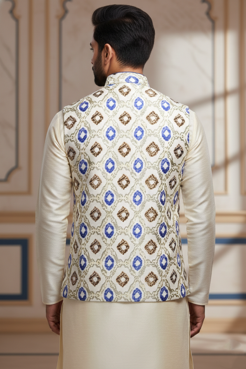Men's AsyVBetric Print Waist Coat , Cream & Blue Geometric Ethnic Waistcoat
