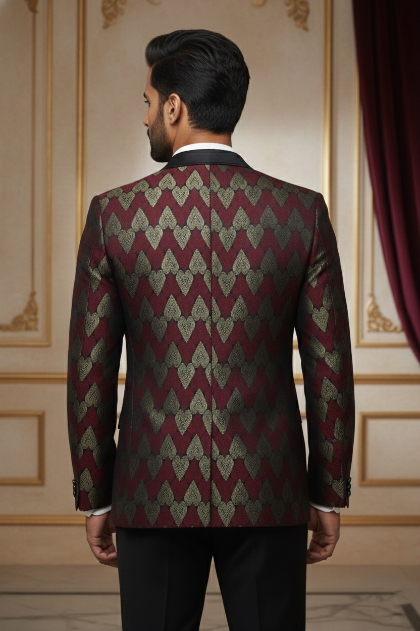 Red & Gold Geometric Pattern Blazer with Satin Lapels