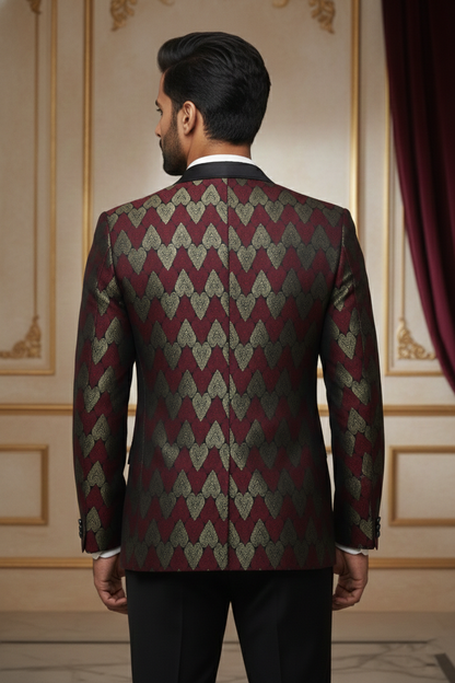 Red & Gold Geometric Pattern Blazer with Satin Lapels