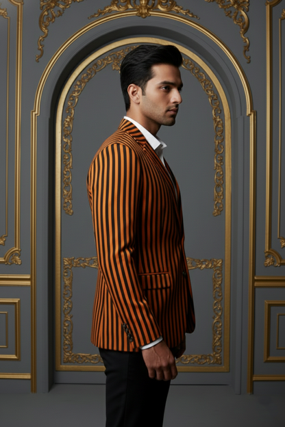Orange & Black Striped Double-Breasted Blazer