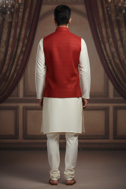 Classic Red Nehru Jacket with Cream Kurta Set