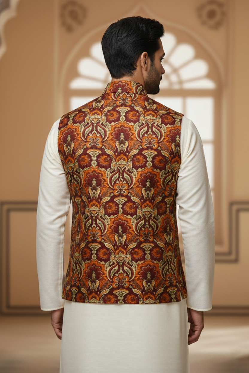 Men’s Rust Printed Nehru Jacket with Ivory Kurta