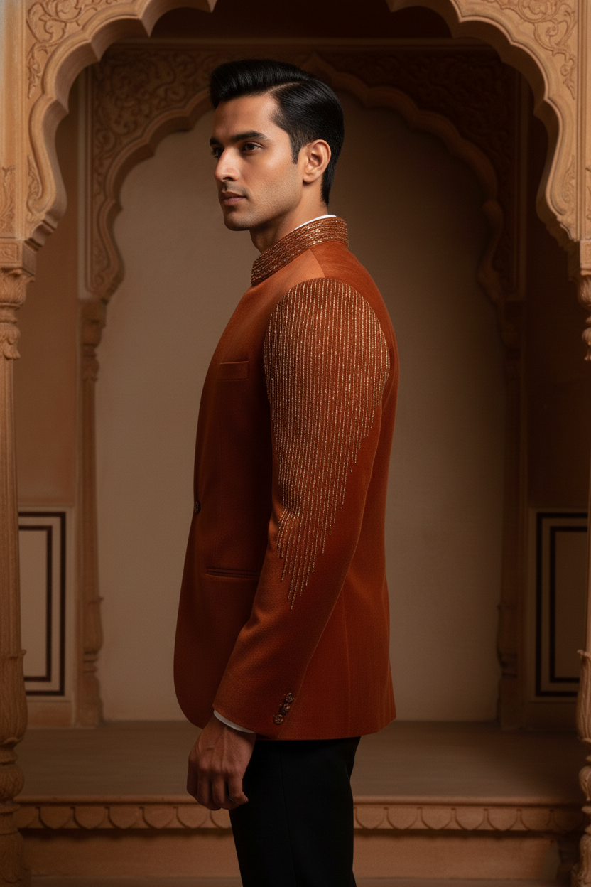 Rust Velvet Imperial Blazer with Beaded Mandarin Collar and Fringed Shoulder Accents