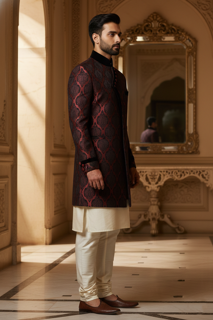 Maroon & Black Damask Sherwani