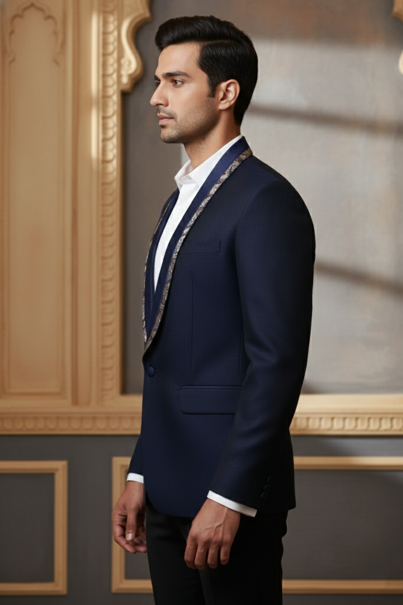 Men's Premium Navy Blue Jacquard Tuxedo Blazer