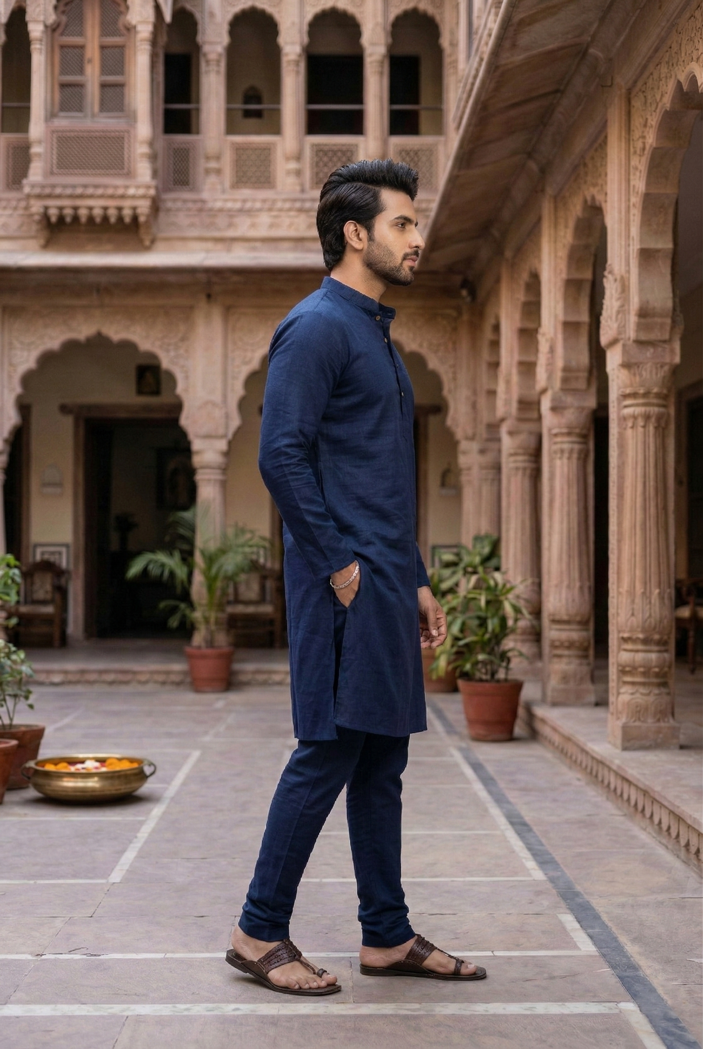 Men's Navy Blue Cotton Silk Plain Kurta Pajama Set