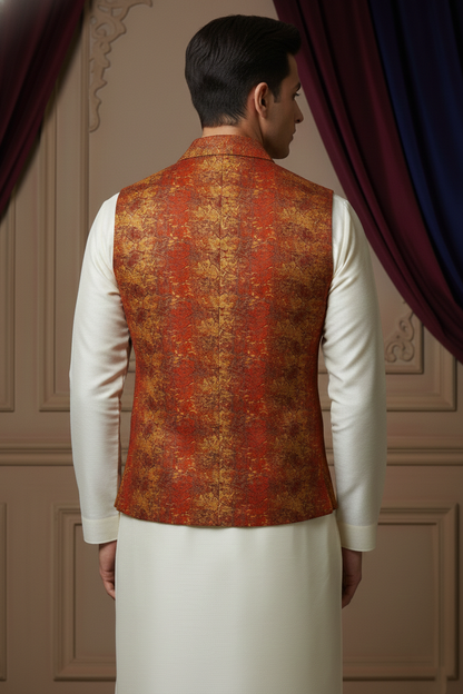 Men's Premium Banarasi Silk Textured Waistcoat in Burnt Orange and Gold