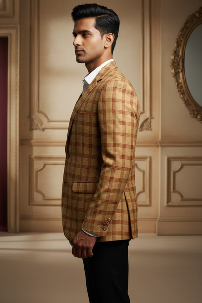 Men's Premium Mustard Yellow Checkered Jacquard Blazer