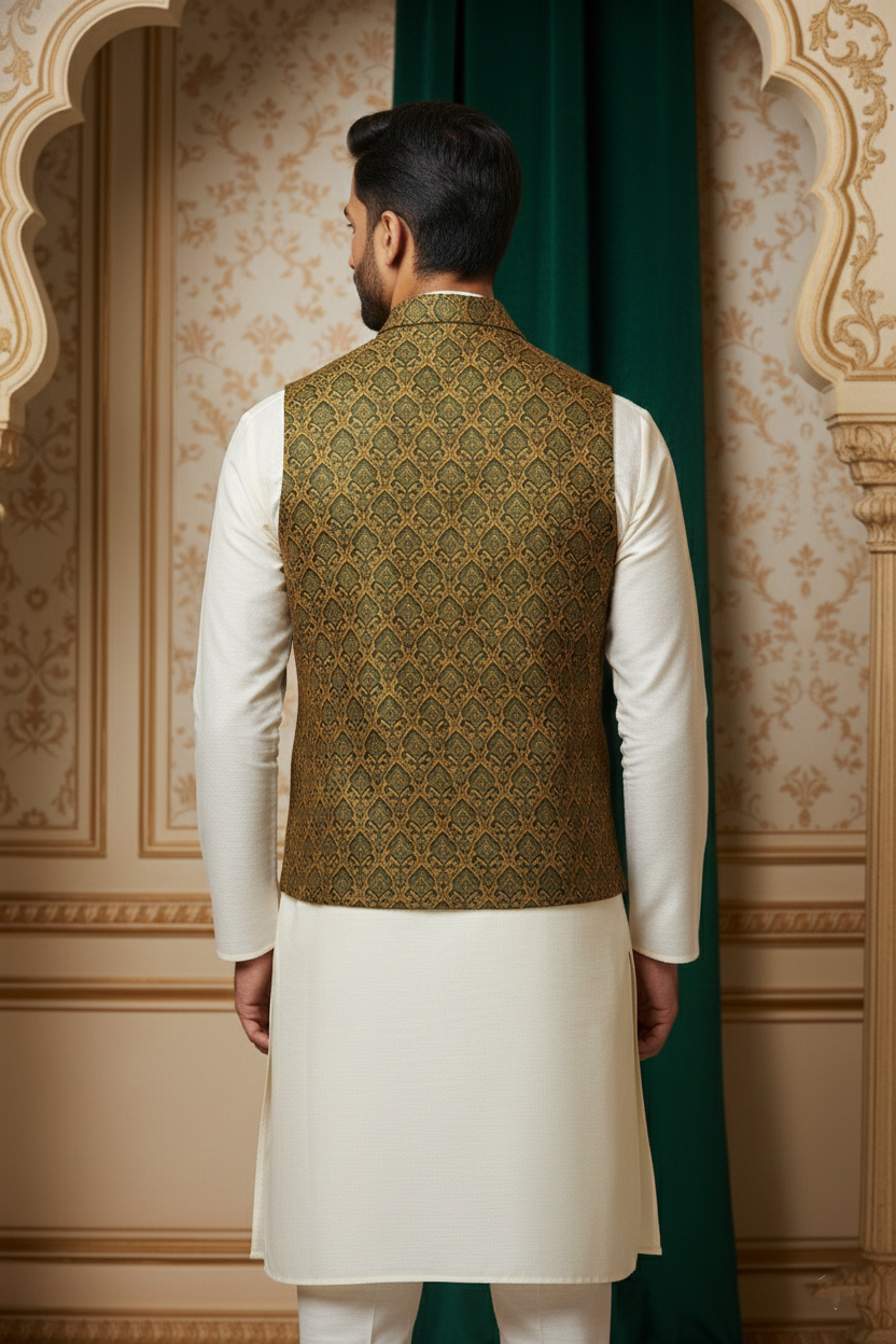 Designer Men’s Brocade Nehru Jacket | Traditional Wedding & Festival Wear  Sleeveless Waistcoat with Mandarin Collar