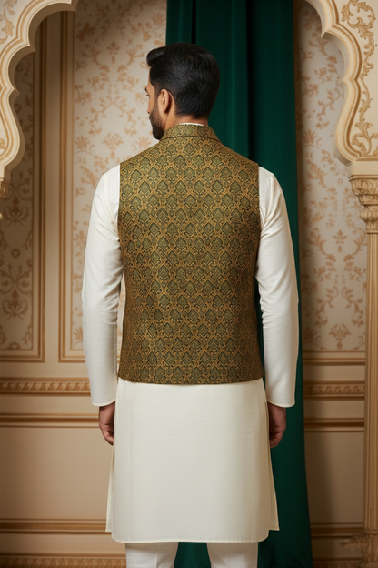 Designer Men’s Brocade Nehru Jacket | Traditional Wedding & Festival Wear  Sleeveless Waistcoat with Mandarin Collar