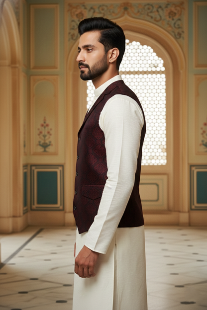 Men’s Dark Red Jacquard Silk Waistcoat with Notch Lapel | Slim Fit Festive Vest