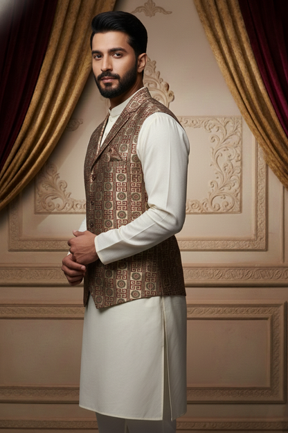 Men’s Beige & Maroon Designer Printed Waistcoat | Slim Fit Festive & Party Wear Vest