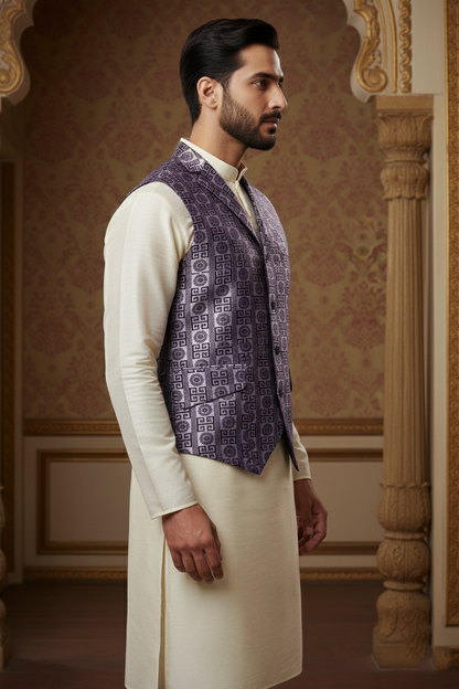 Men’s Lavender Designer Printed Waistcoat | Slim Fit Party & Festive Vest