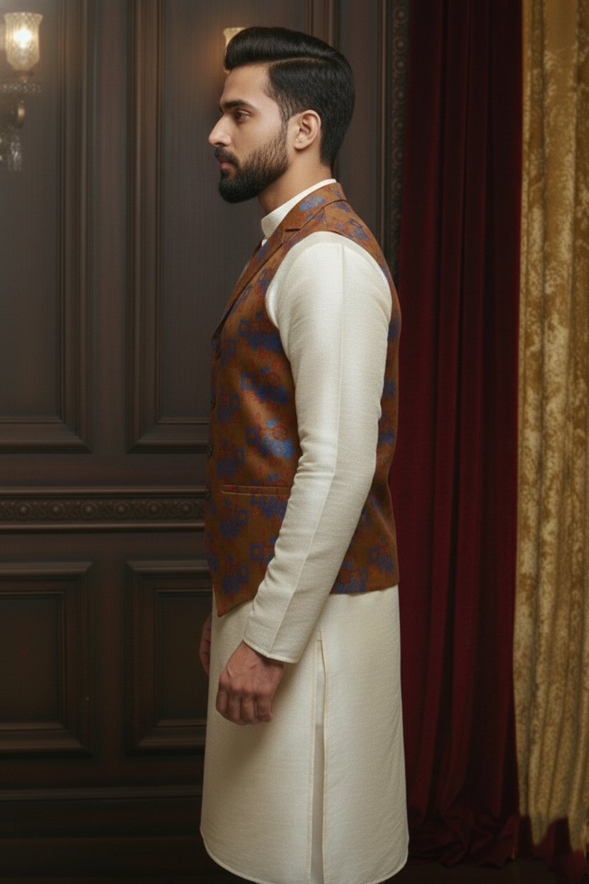 Men’s Rust Orange Floral Designer Waistcoat | Slim Fit Festive & Party Wear Vest