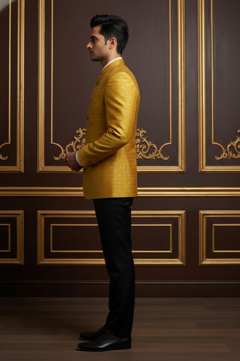 Men's Mustard Yellow Woven Jacquard Bandhgala Blazer , Premium Silk Blend Ethnic Jodhpuri Suit.