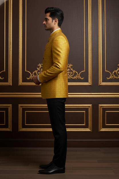 Men's Mustard Yellow Woven Jacquard Bandhgala Blazer , Premium Silk Blend Ethnic Jodhpuri Suit.