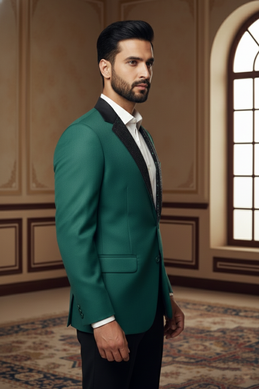Emerald Regal Blazer with Textured Shawl  Lapel