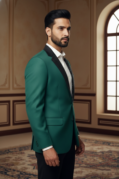Emerald Regal Blazer with Textured Shawl  Lapel