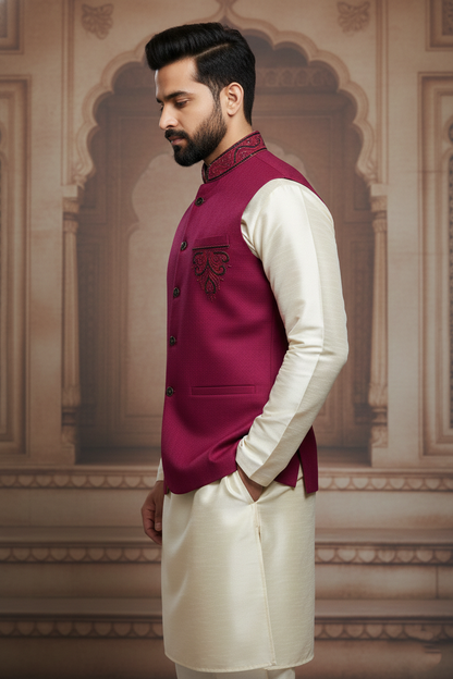 Men’s Wine Embroidered Nehru Jacket with Ivory Kurta