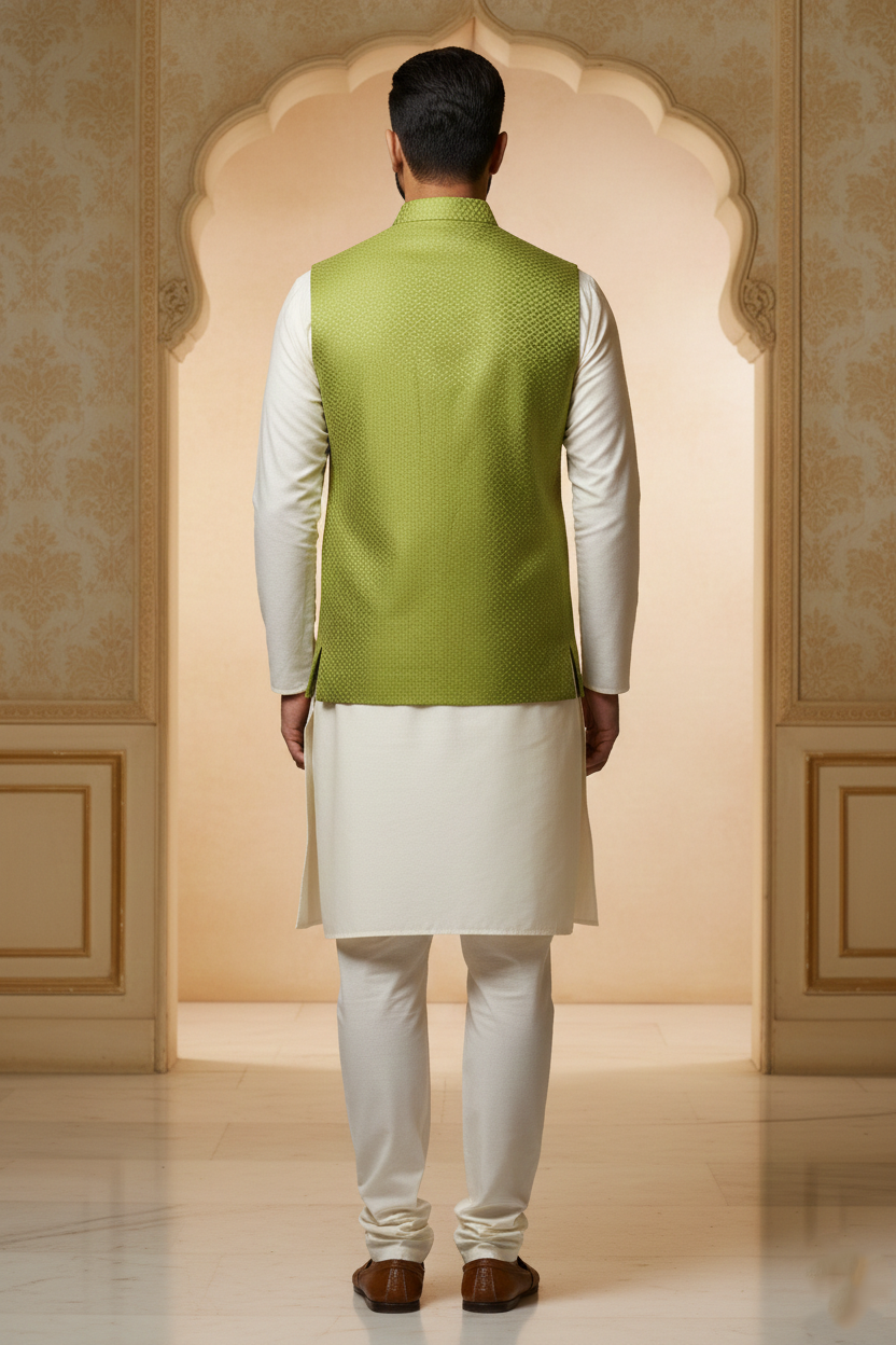 Men’s Dark Green Nehru Jacket with Textured Fabric | Ethnic Waistcoat
