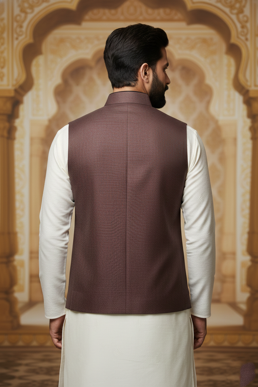 Men's Wine Red Textured Nehru Jacket – Slim Fit Minimalist Ethnic Waistcoat | Designer Modi Jacket for Weddings, Receptions & Festivals