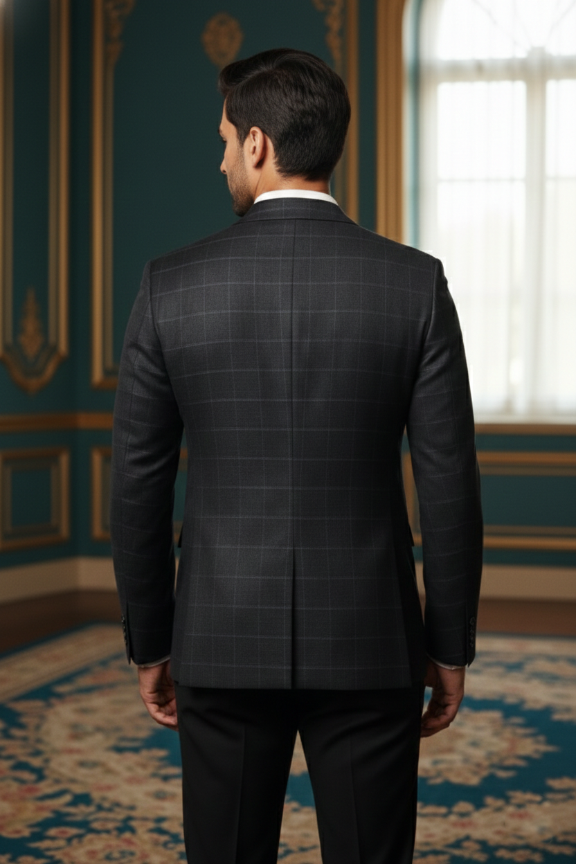 Men's Slim Fit Windowpane Check Blazer - Charcoal Graphite Grey Plaid Sport Coat - Formal Jacket for Weddings, Business, and Evening Wear