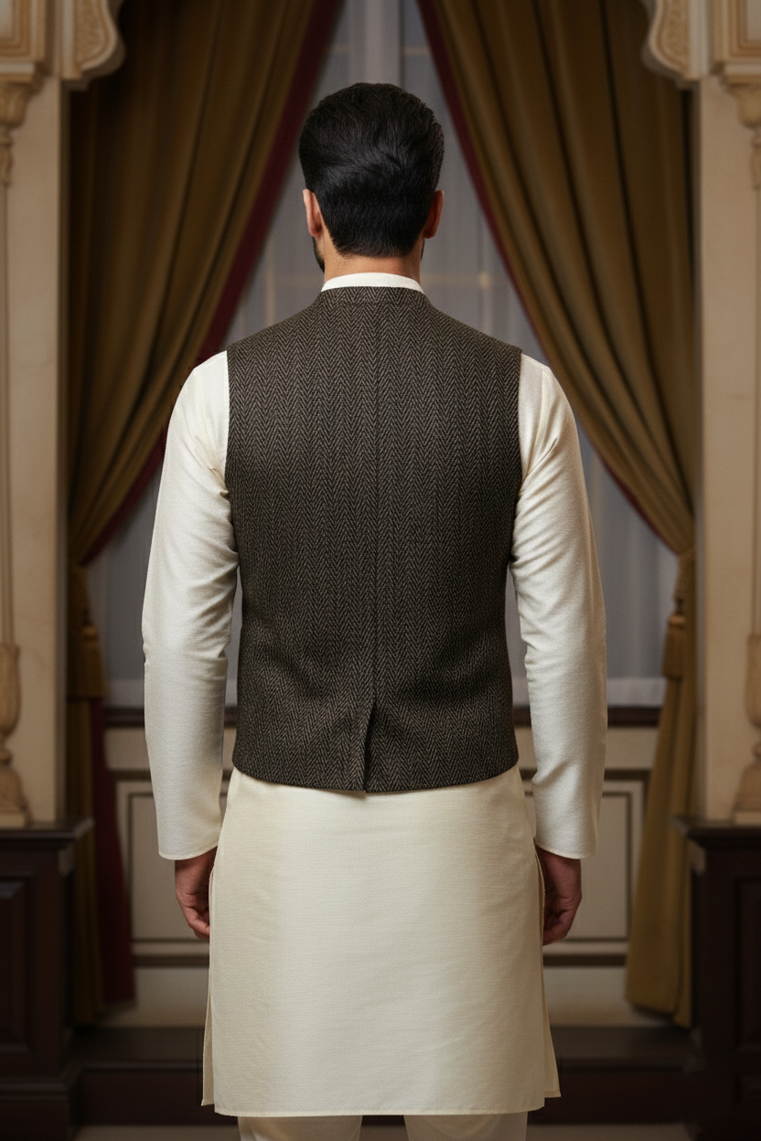 Men’s Textured Charcoal Nehru Jacket with Lapels