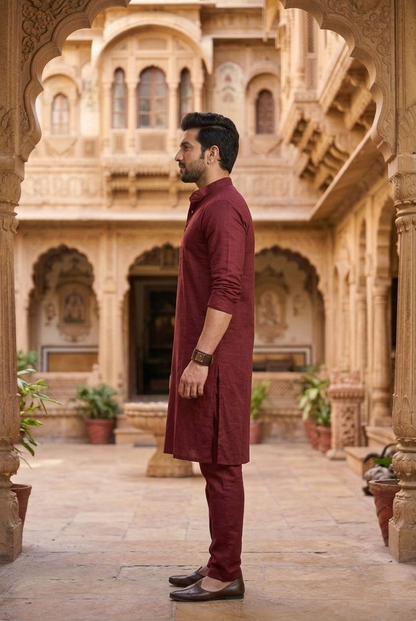 Men'sWine Red Cotton Silk Plain Kurta Pajama Set