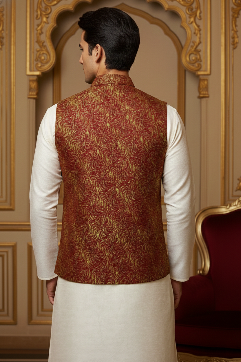 Men’s Maroon Printed Nehru Jacket with Ivory Kurta