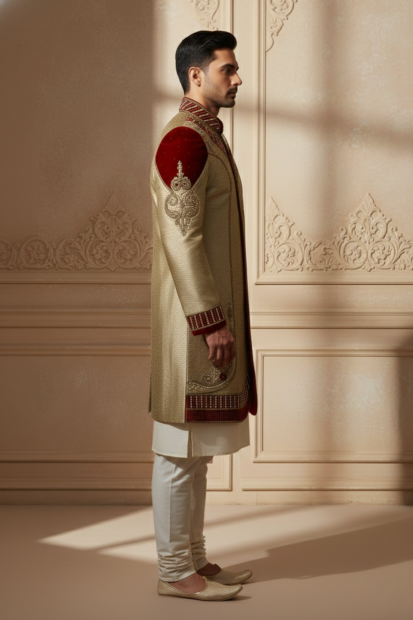 Gold Sherwani with Red Embellishments