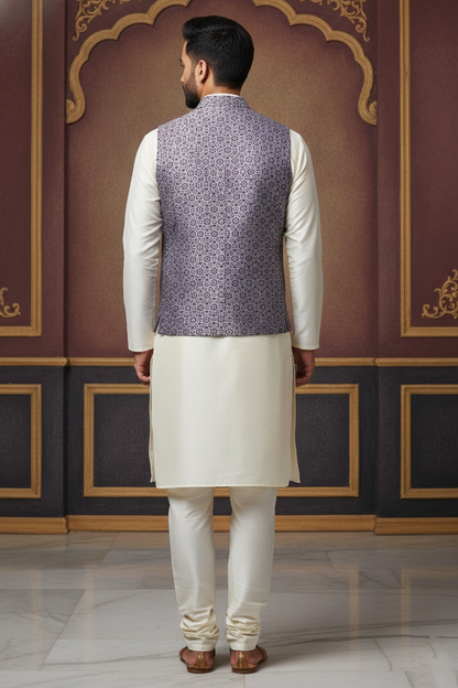 Men's Light Purple Silk Blend Nehru Jacket – Elegant Geometric Printed Waistcoat with Notched Lapel and Built-in Pocket Square