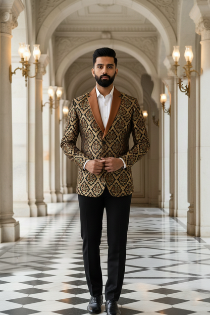 Men'sHeritage Brocade Tuxedo Blazer with Contrasting Copper Shawl Lapel