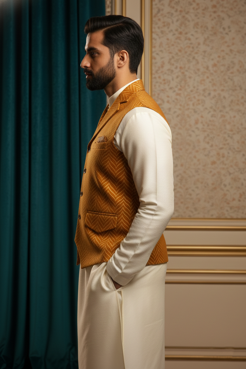 Men’s Mustard Brocade Nehru Jacket | Ethnic Wedding Festive Party Wear Sleeveless Waistcoat with Mandarin Collar for Kurta & Indo Western Outfit