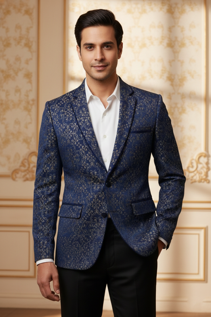 Men'sRoyal Blue Jacquard Brocade Blazer , Luxury Slim-Fit Floral Pattern Party Wear Jacket