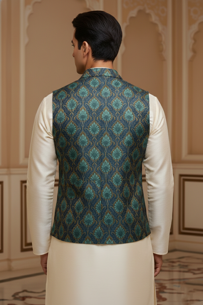 Men’s Navy Blue Nehru Jacket with Light Blue & Orange Thread Work | Festive Ethnic Waistcoat