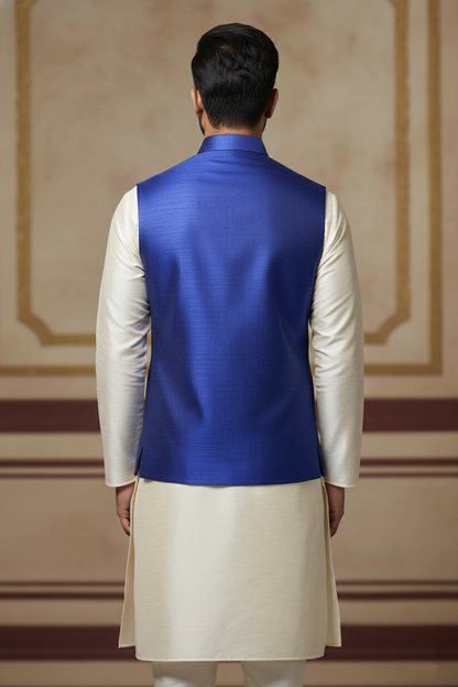 Men’s Royal Blue Nehru Jacket with Ivory Kurta Pajama
