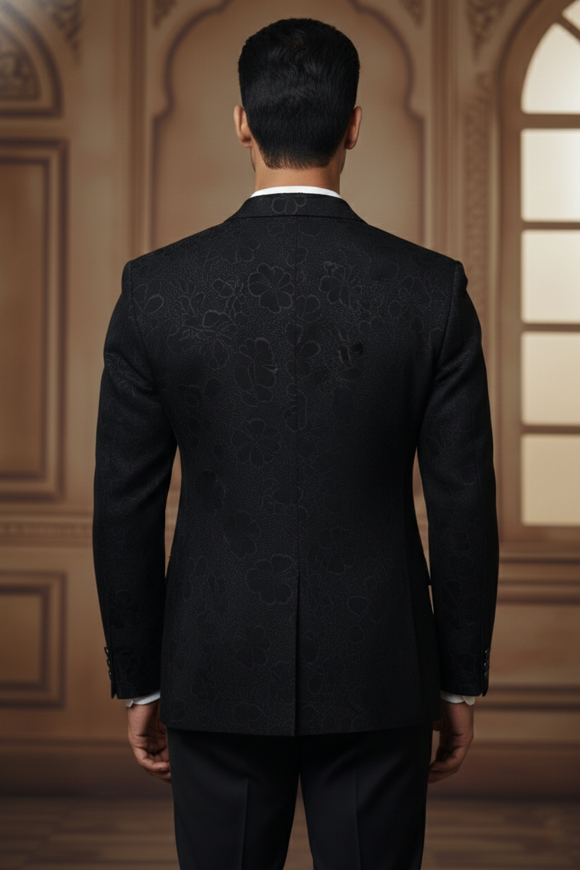 Black Double-Breasted Blazer with Subtle Floral Texture