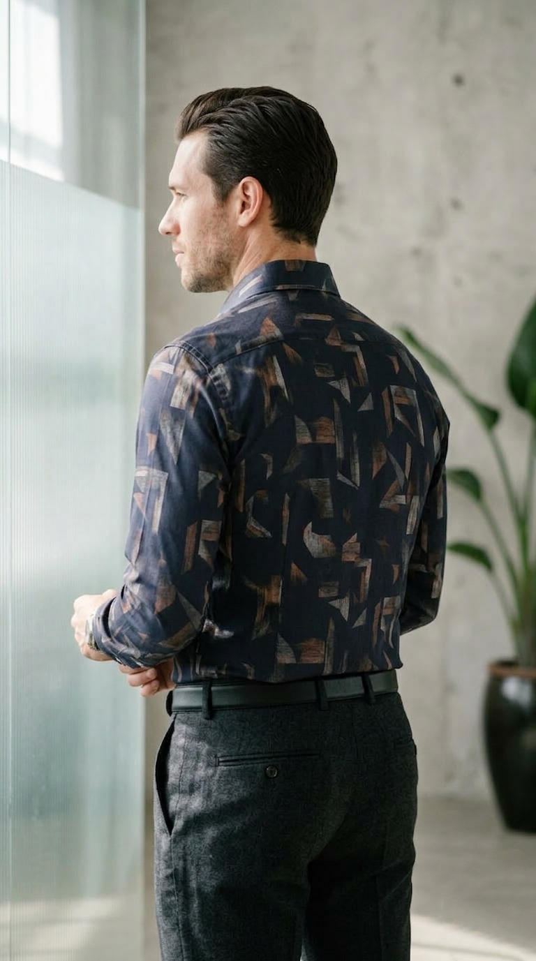 Designer Men'sAbstract Shattered Geometric Shirt , Navy & Copper Fragmented Print