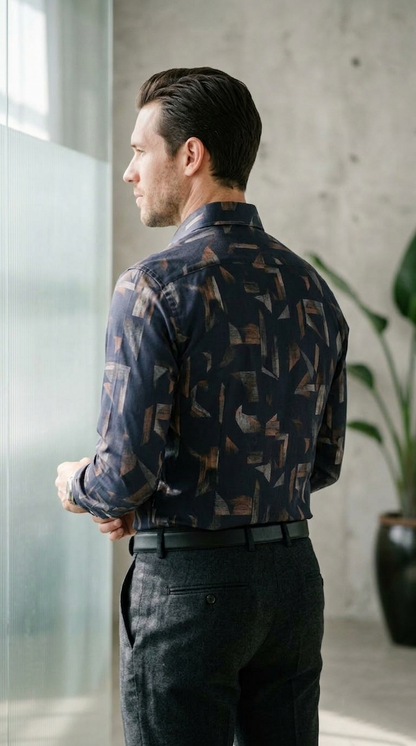 Designer Men'sAbstract Shattered Geometric Shirt , Navy & Copper Fragmented Print