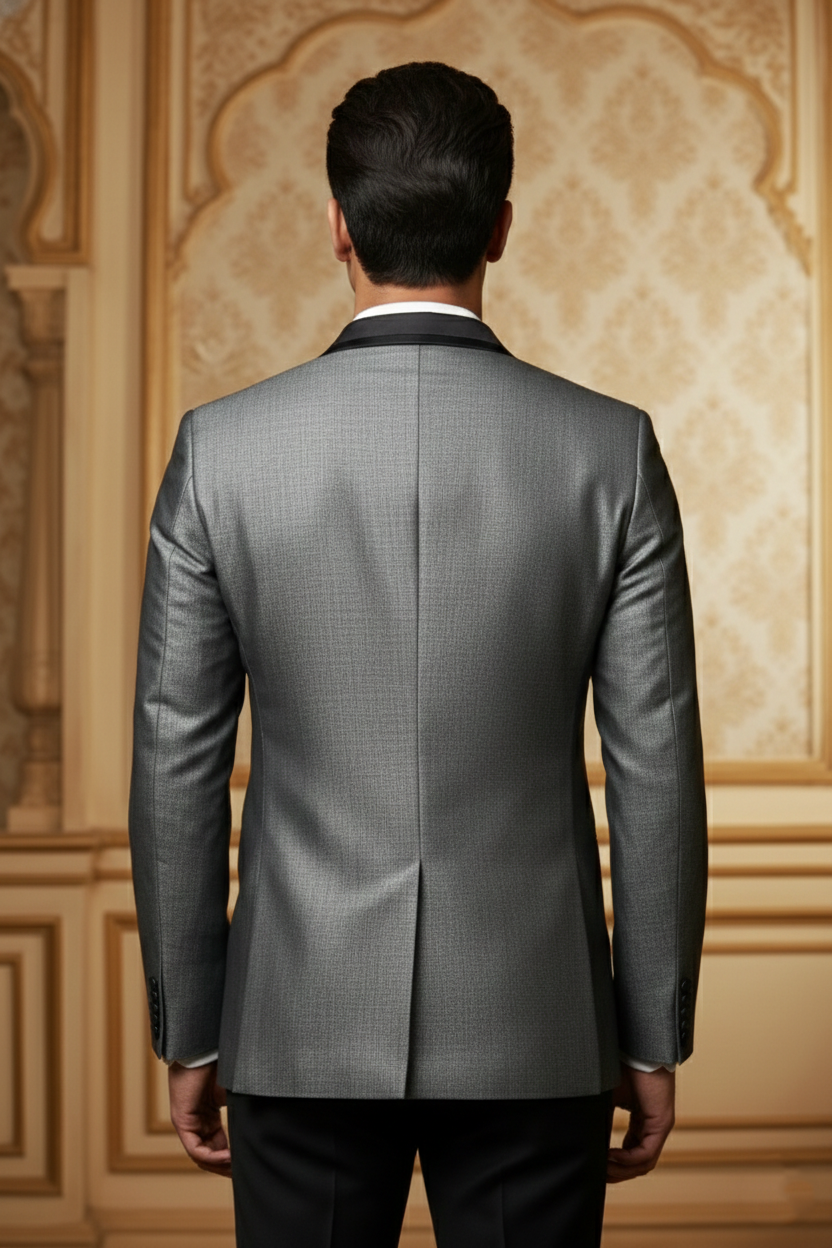 Men's Metallic Grey Slim Fit Tuxedo  Blazer with Satin Trim