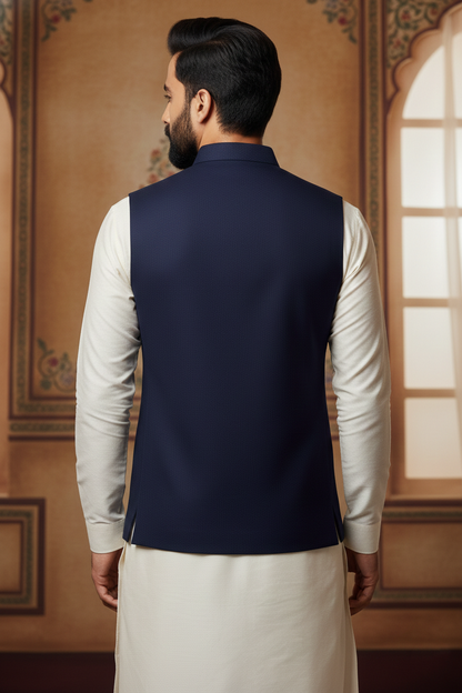 Men’s Navy Blue Nehru Jacket with Ivory Kurta
