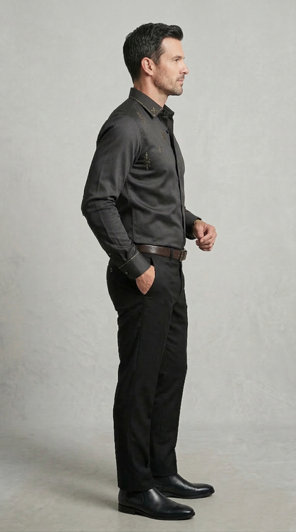 Designer Men'sCharcoal Black Embroidered Dress Shirt , Gold Filigree & Geometric Motif