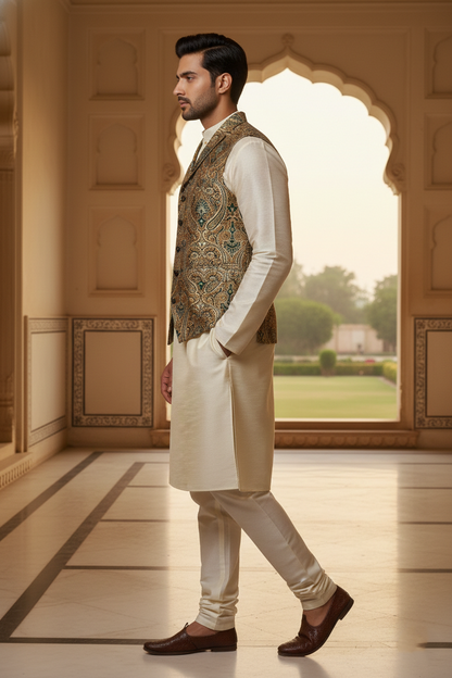 Men’s Olive Green Paisley Brocade Nehru Jacket | Ethnic Wedding Festive Party Wear Mandarin Collar Sleeveless Waistcoat for Kurta & Indo-Western Outfit