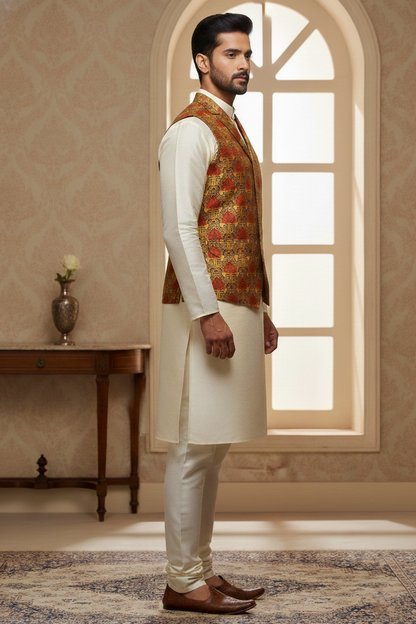 Men's Mustard Gold and Crimson Jacquard Waistcoat – Notch Lapel Brocade Nehru Jacket with Heritage Motif Print