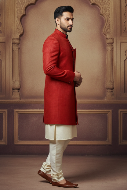 Red Textured Sherwani with Emblem