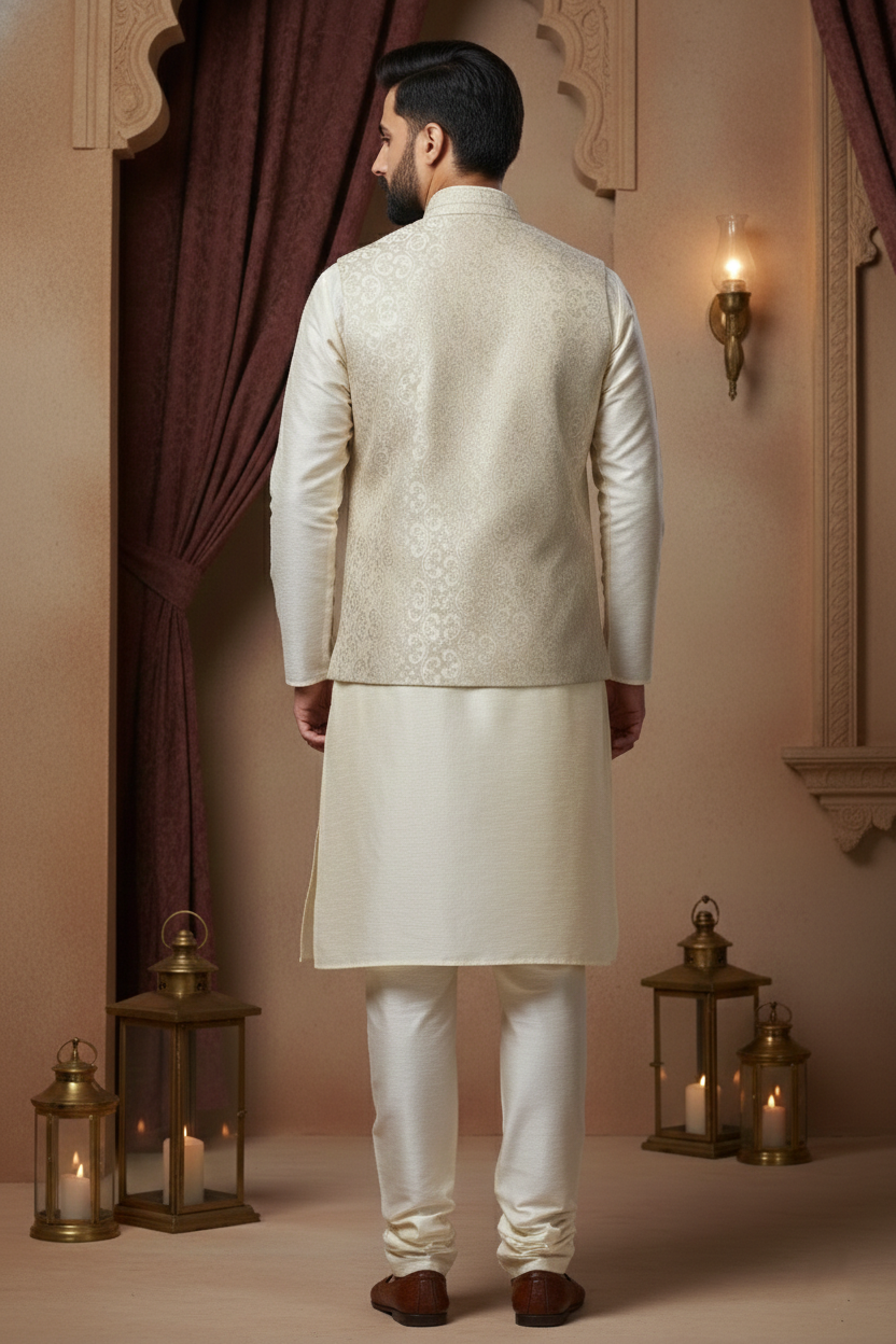 Men’s White Nehru Jacket with Silver Touch Work | Ethnic Waistcoat